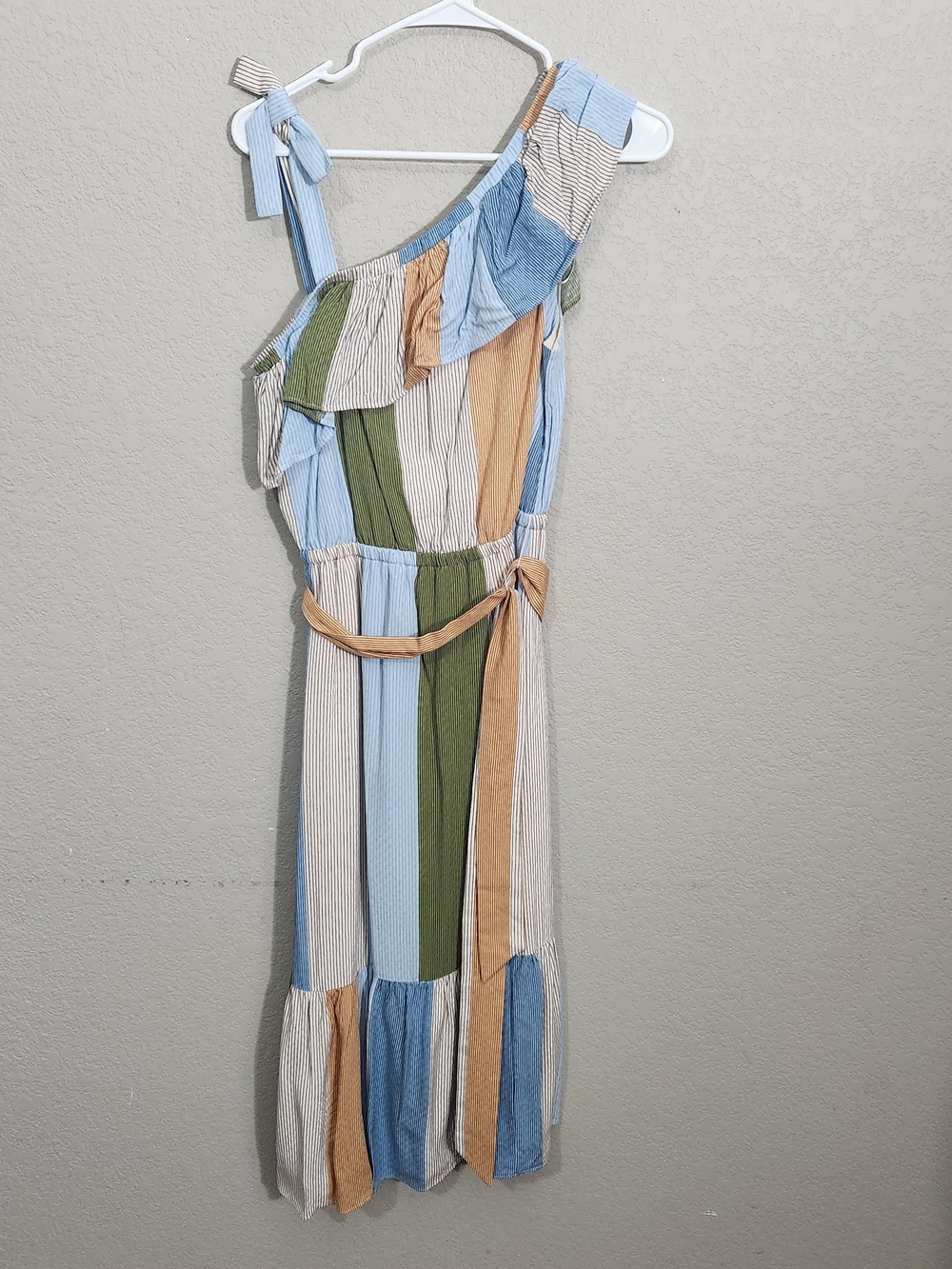 One-Shoulder Striped Maxi Dress in Blue, Green & Tan